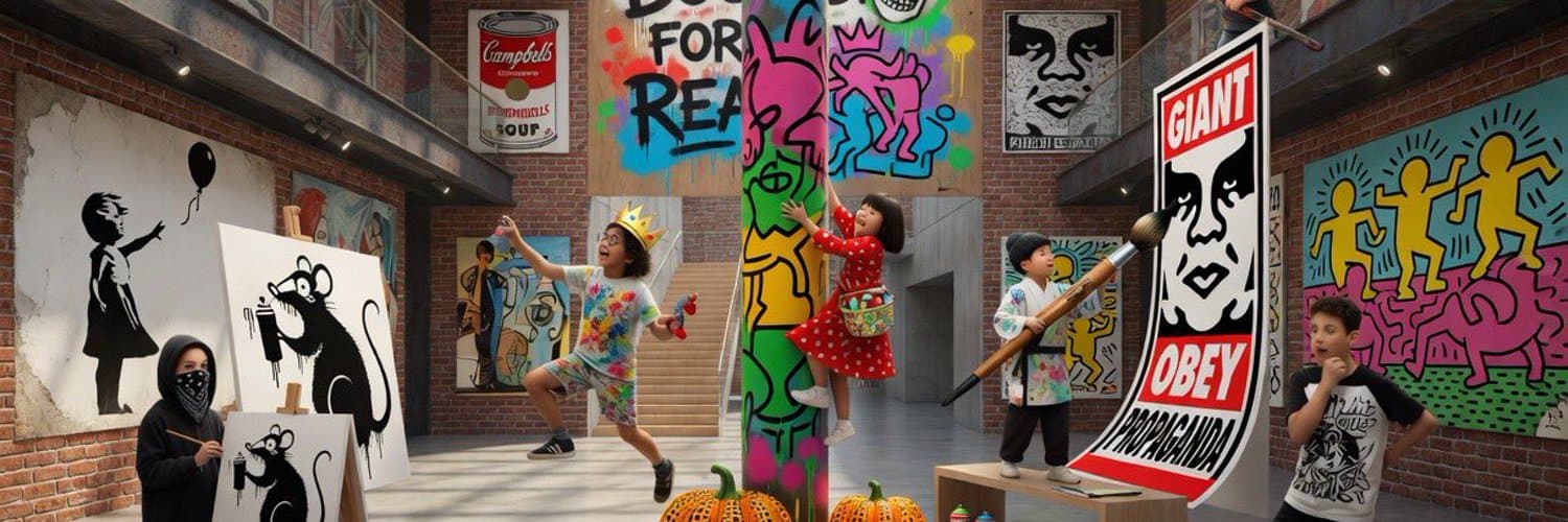 Children creating art together in a colourful imagined gallery.