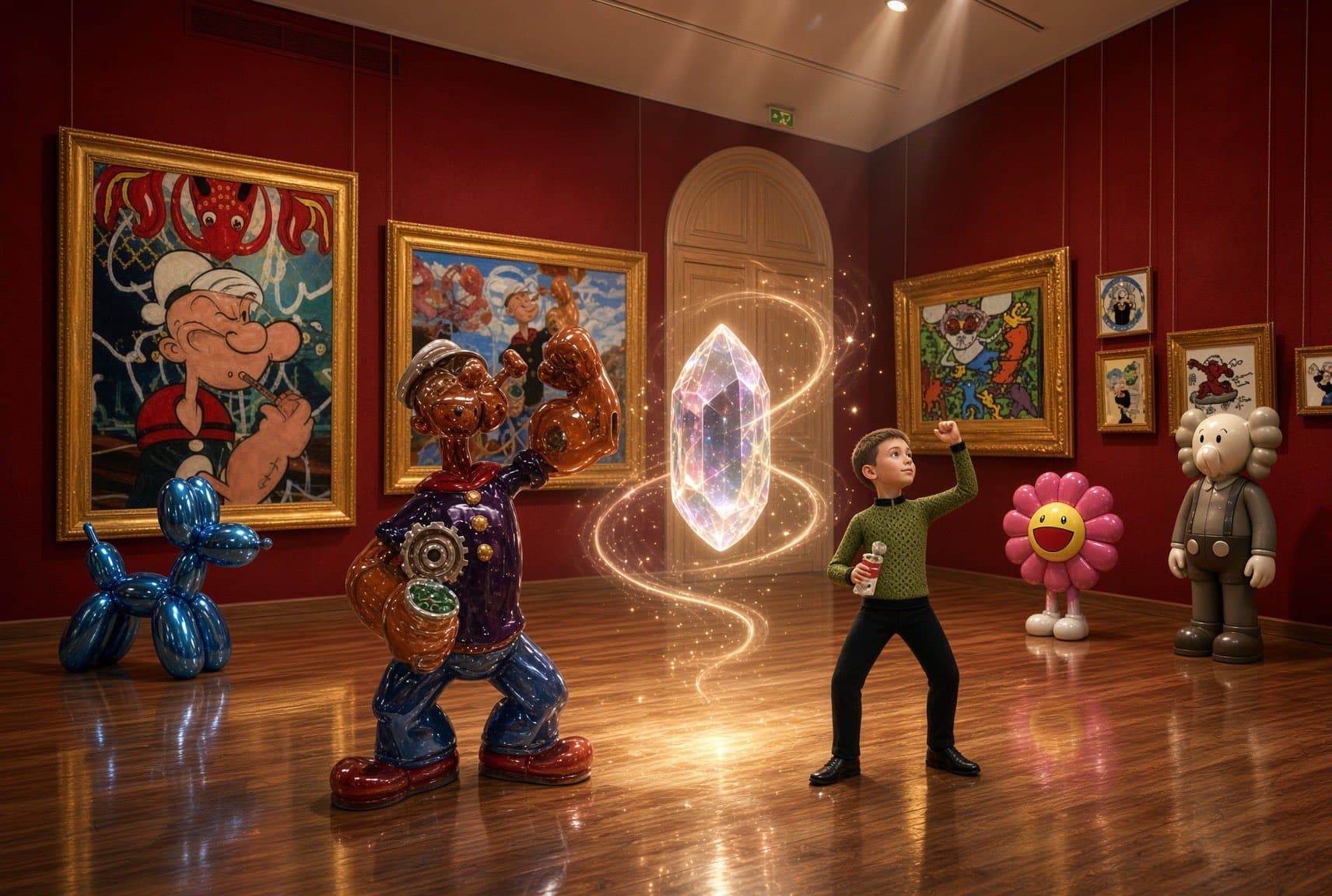 A glowing capsule at the heart of the collective’s imagined gallery.