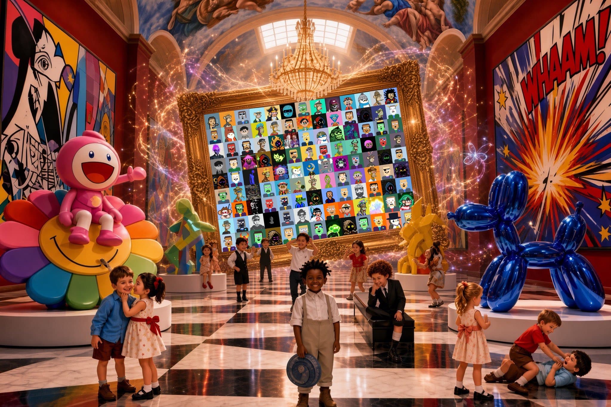 An imagined gallery bringing together art and playful characters.